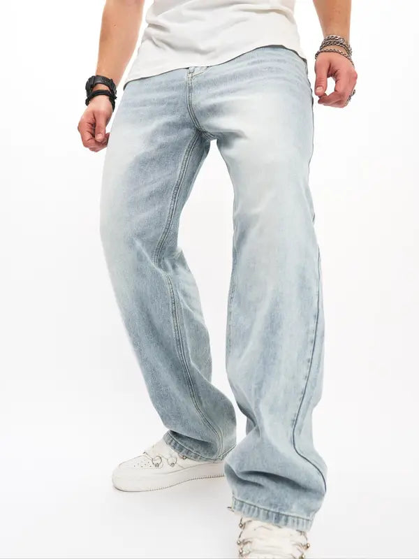 Men's Loose Button Fly Straight Leg Jeans