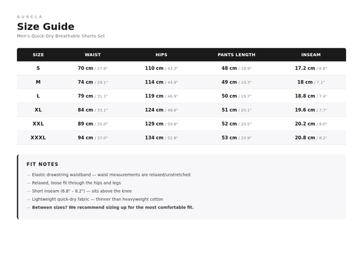 Size Guide - Men's Quick-Dry Breathable Shorts Set