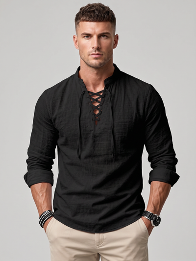 Drawstring Collar Linen Shirt - Lightweight Long Sleeve
