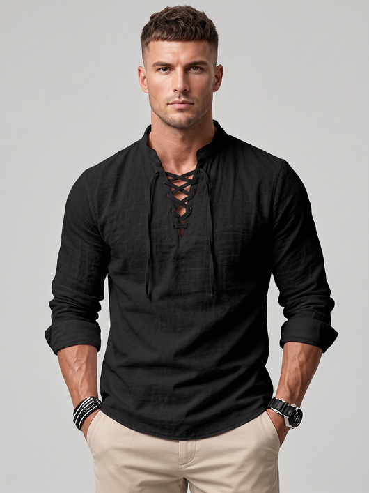 Drawstring Collar Linen Shirt - Lightweight Long Sleeve
