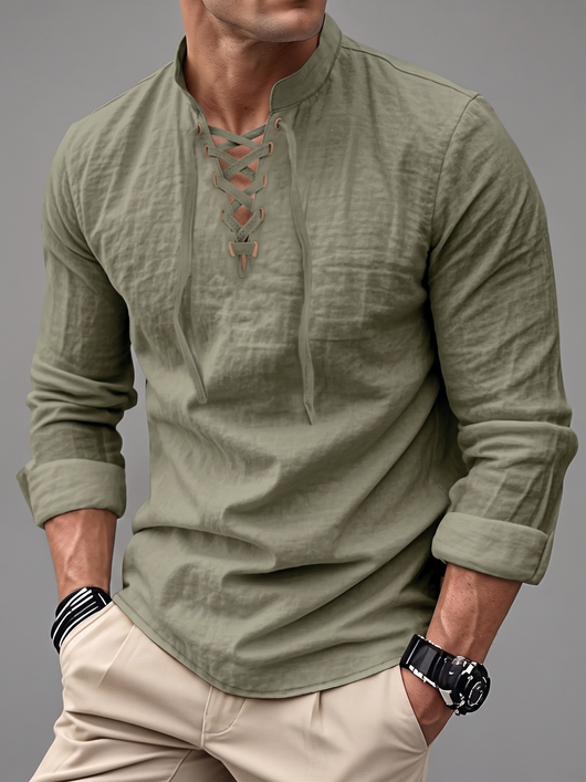 Drawstring Collar Linen Shirt - Lightweight Long Sleeve