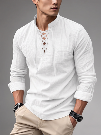Drawstring Collar Linen Shirt - Lightweight Long Sleeve