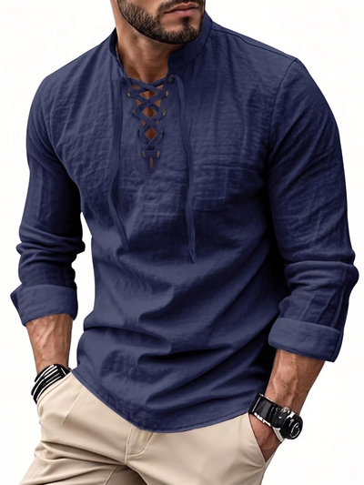 Drawstring Collar Linen Shirt - Lightweight Long Sleeve