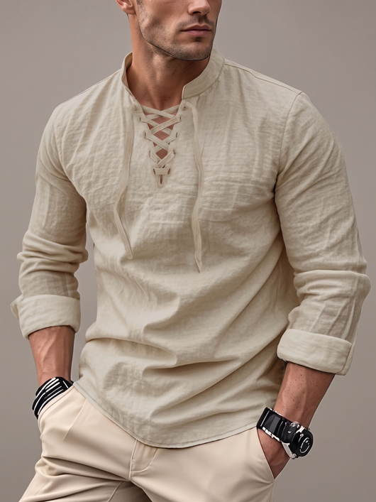 Drawstring Collar Linen Shirt - Lightweight Long Sleeve