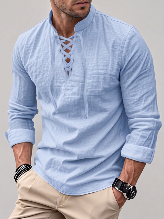 Drawstring Collar Linen Shirt - Lightweight Long Sleeve