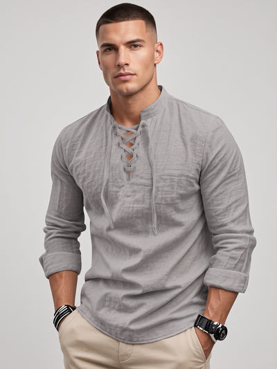 Drawstring Collar Linen Shirt - Lightweight Long Sleeve