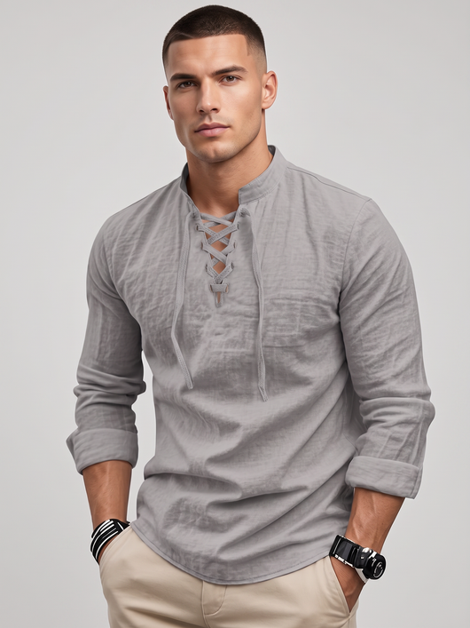 Drawstring Collar Linen Shirt - Lightweight Long Sleeve