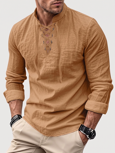 Drawstring Collar Linen Shirt - Lightweight Long Sleeve