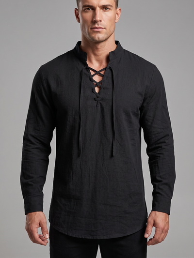 Drawstring Collar Linen Shirt - Lightweight Long Sleeve