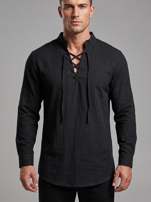 Drawstring Collar Linen Shirt - Lightweight Long Sleeve