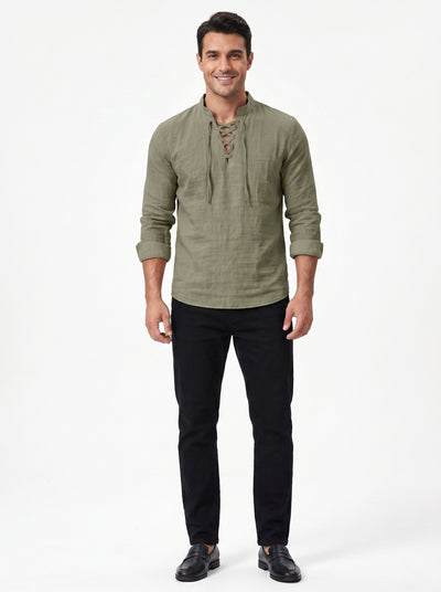 Drawstring Collar Linen Shirt - Studio View 1