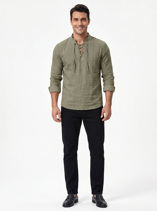 Drawstring Collar Linen Shirt - Studio View 1