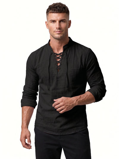 Drawstring Collar Linen Shirt - Studio View 2