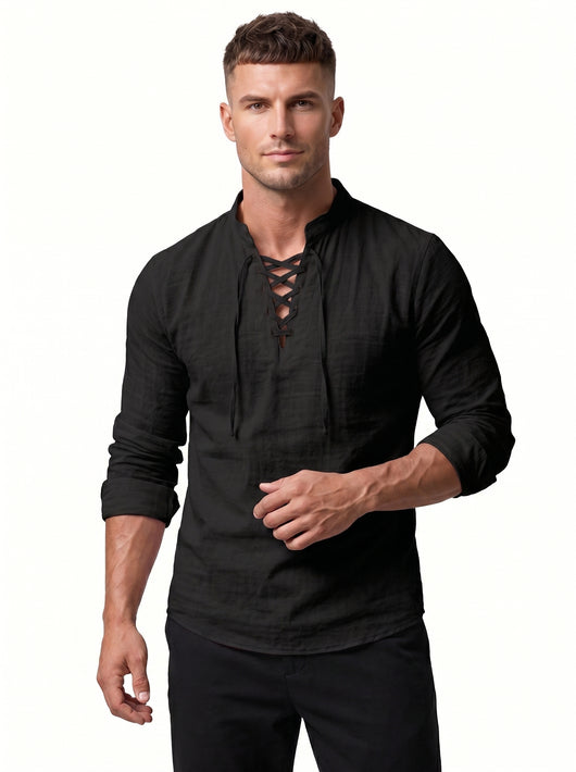 Drawstring Collar Linen Shirt - Studio View 2